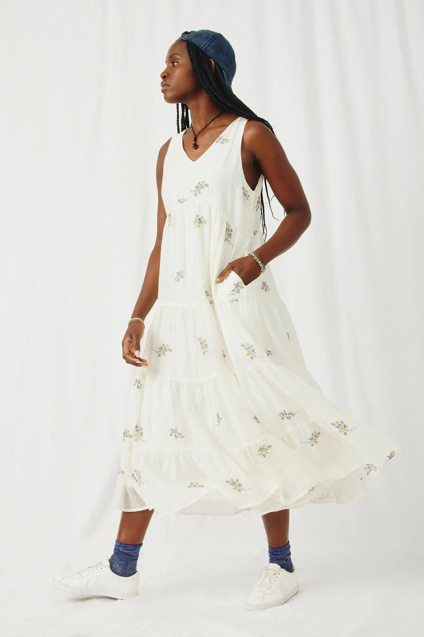 Ditsy Floral Embroidered V Neck Tiered Dress