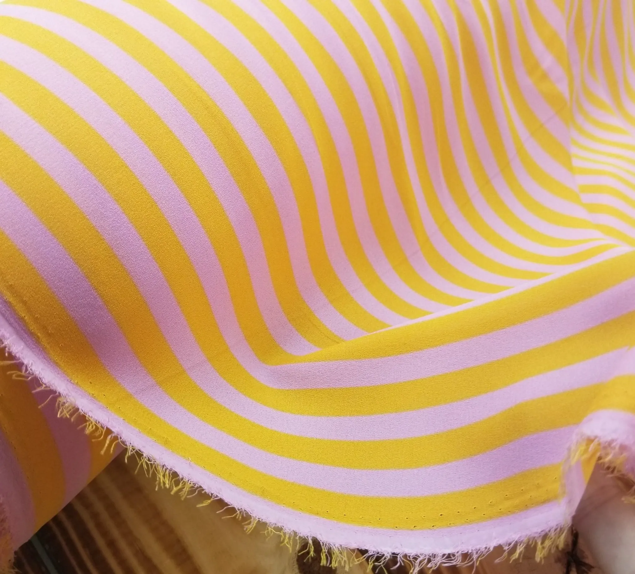 End of Bolt: 1 yard of Designer Deadstock Sherbert Orange and Pink Stripes Bubble Crepe Blousewear Woven- remnant