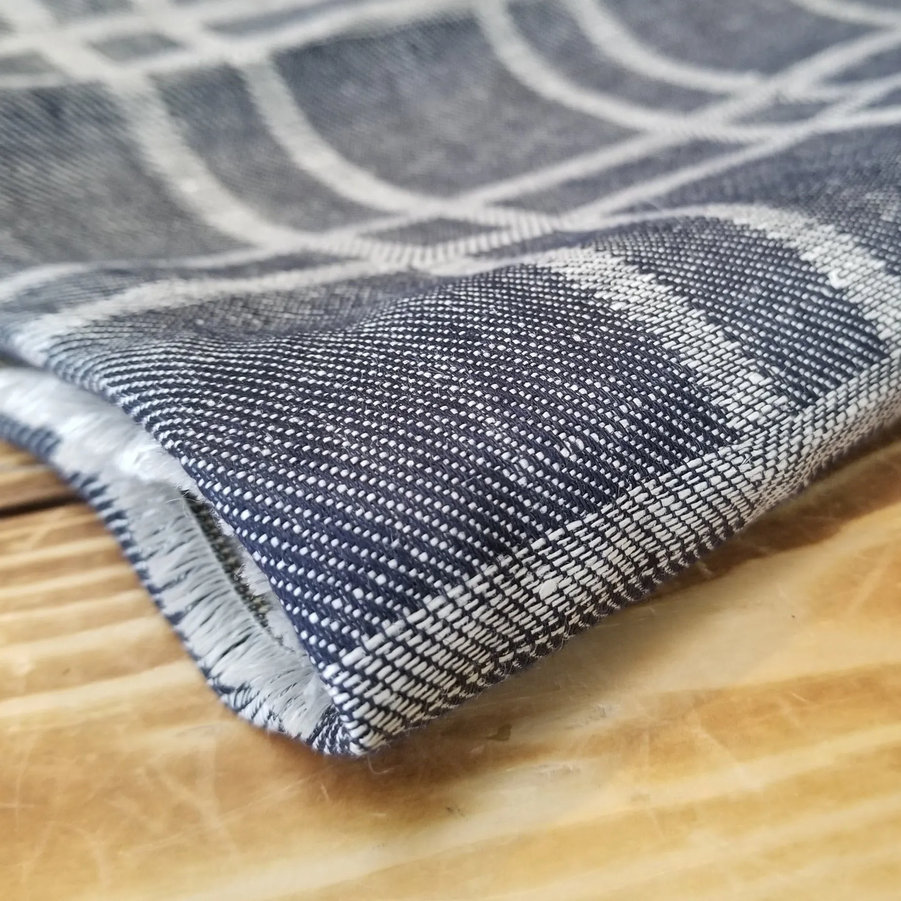 End of Bolt: 3 yards of Designer Deadstock Windowpane Plaid Denim Blue Indigo Linen Jacquard Reversible Woven-remnant