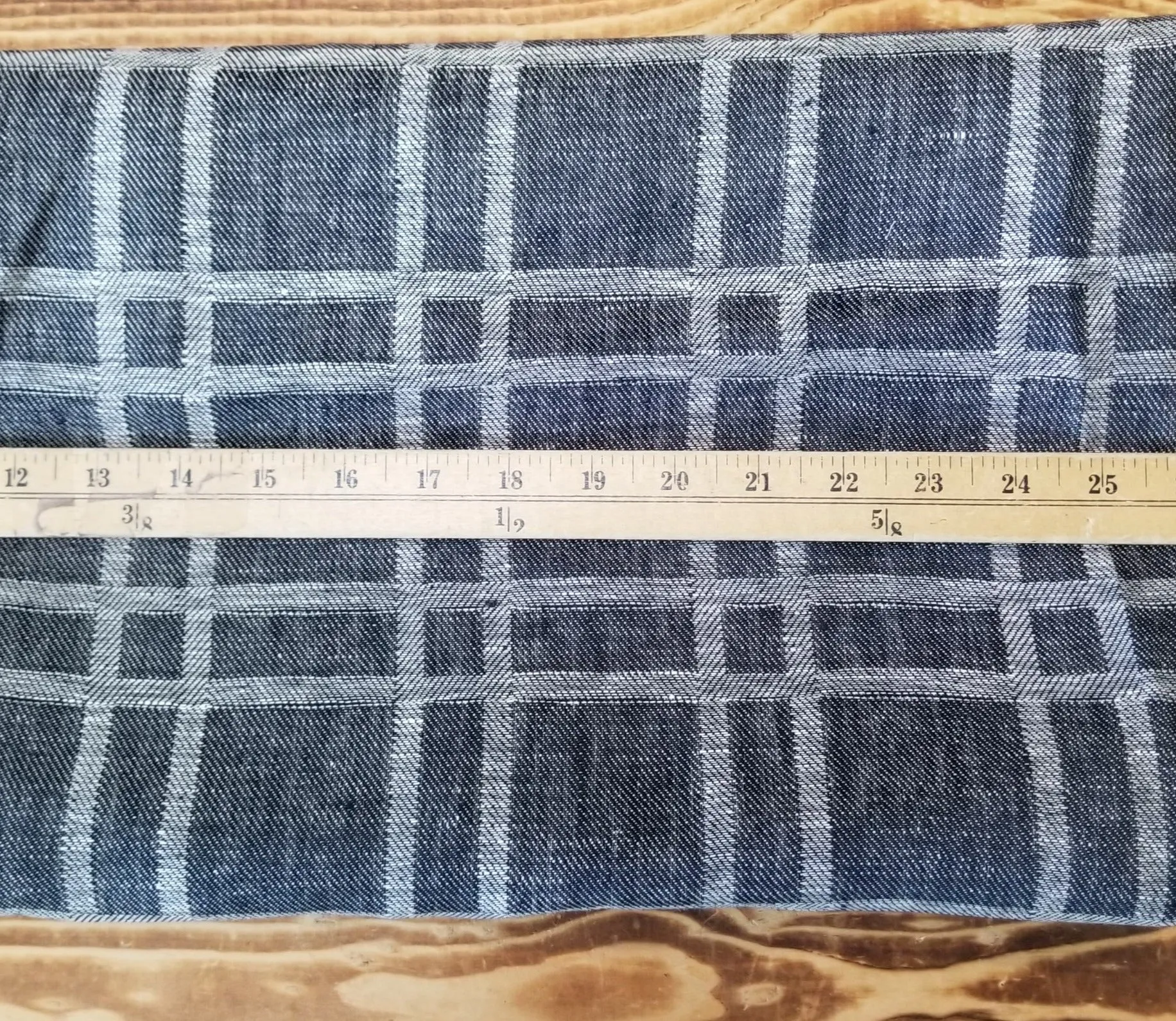 End of Bolt: 3 yards of Designer Deadstock Windowpane Plaid Denim Blue Indigo Linen Jacquard Reversible Woven-remnant