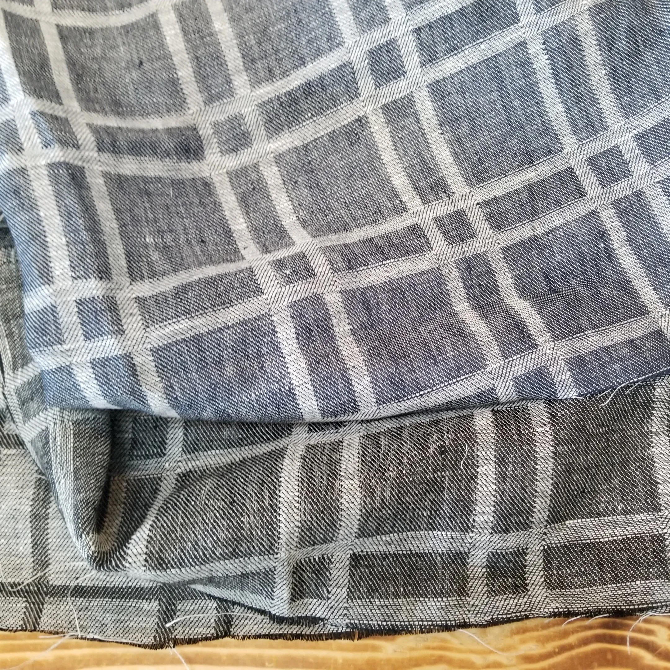 End of Bolt: 3 yards of Designer Deadstock Windowpane Plaid Denim Blue Indigo Linen Jacquard Reversible Woven-remnant