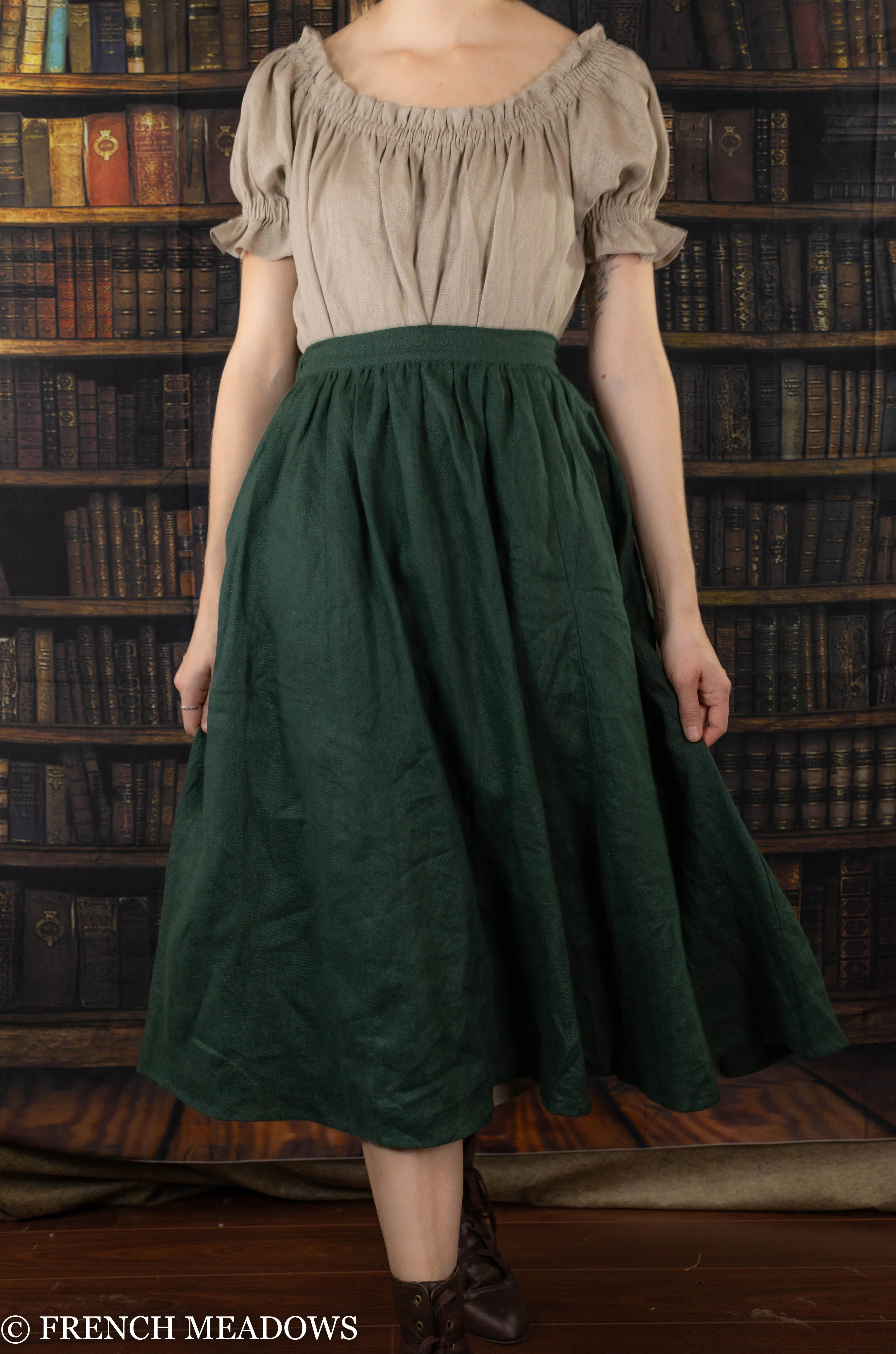 Evergreen Green Linen Midi Skirt