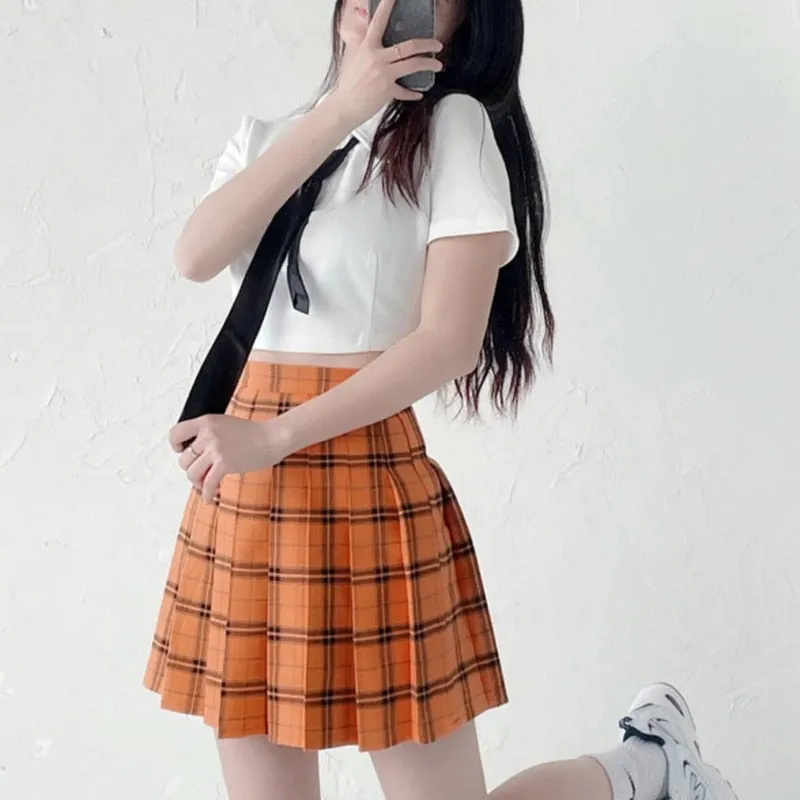 'Fall' Orange Pleated Grunge Plaid Mini Skirt