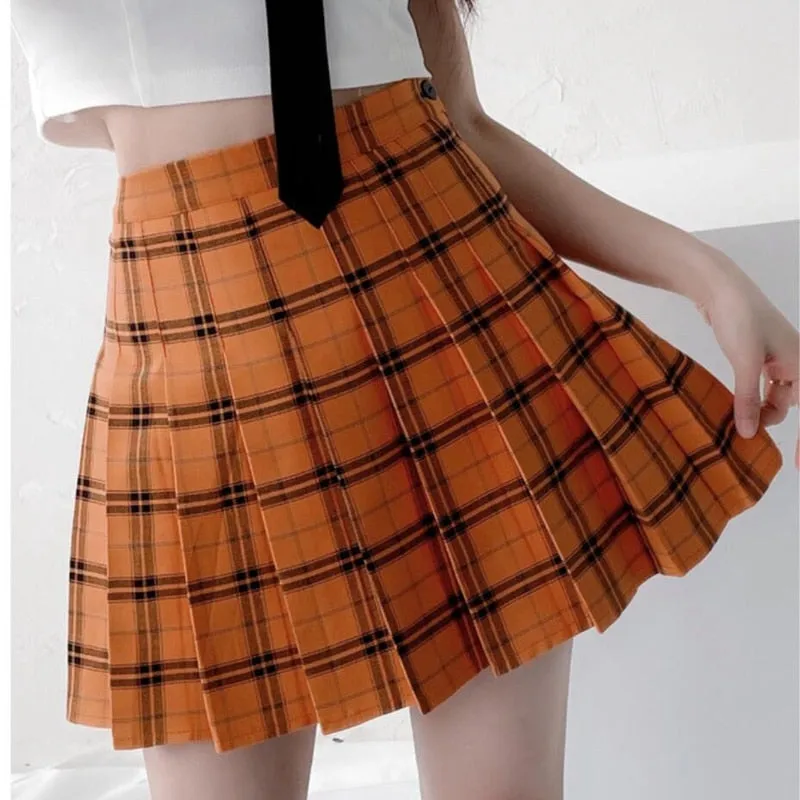 'Fall' Orange Pleated Grunge Plaid Mini Skirt