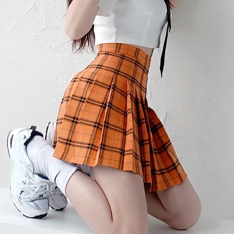 'Fall' Orange Pleated Grunge Plaid Mini Skirt