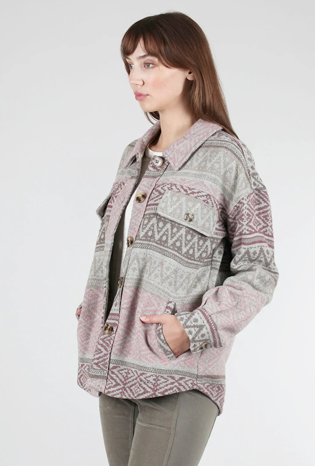 Fleece Fair Isle Jacket, Rose/Taupe