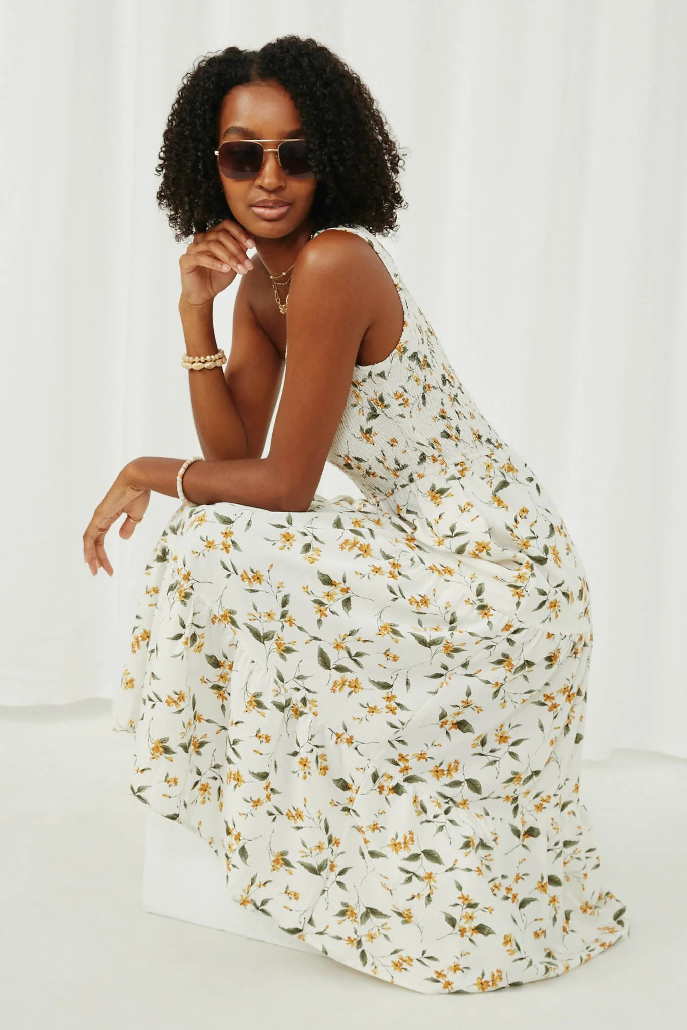 Floral Smocked One Shoulder Dress