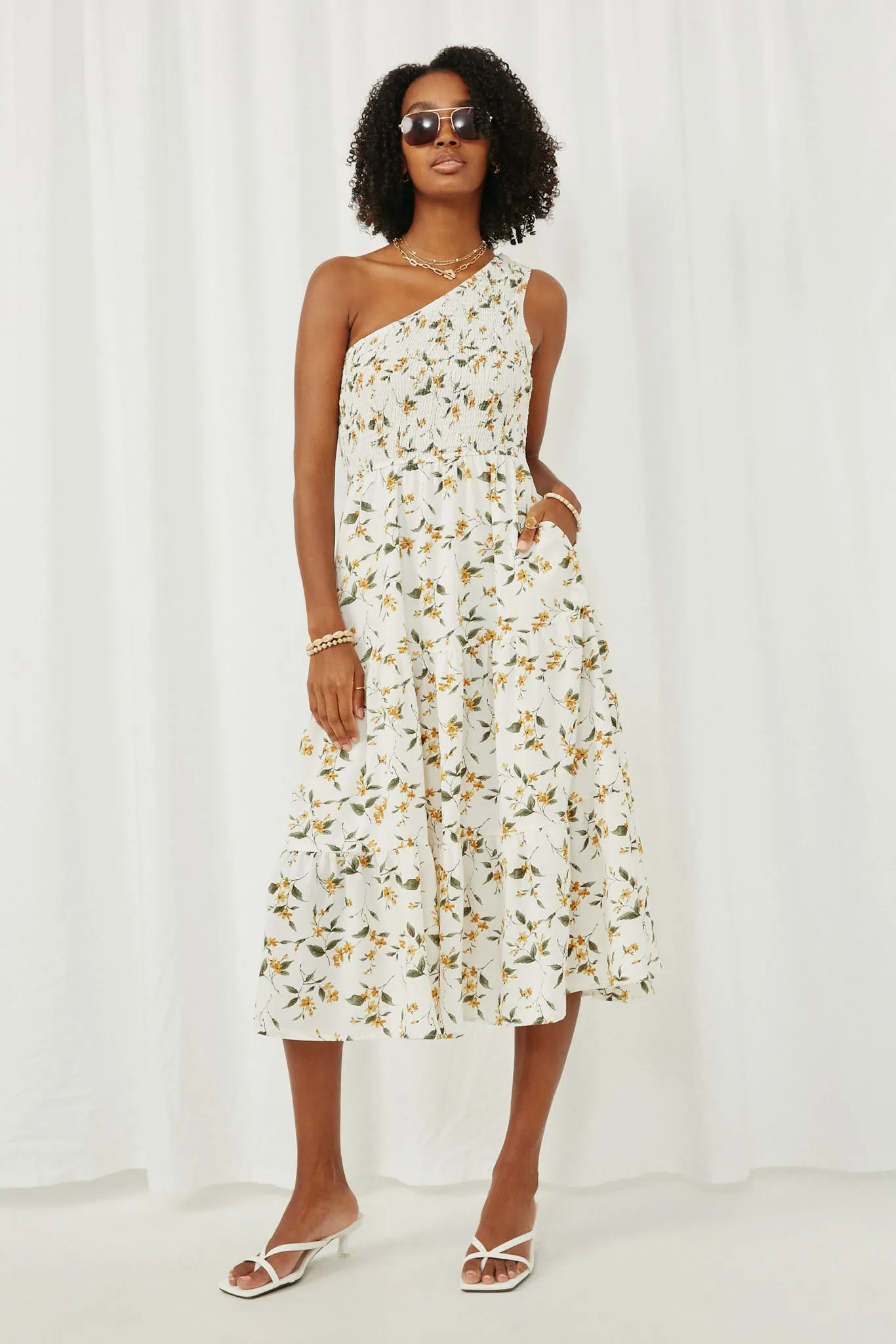 Floral Smocked One Shoulder Dress