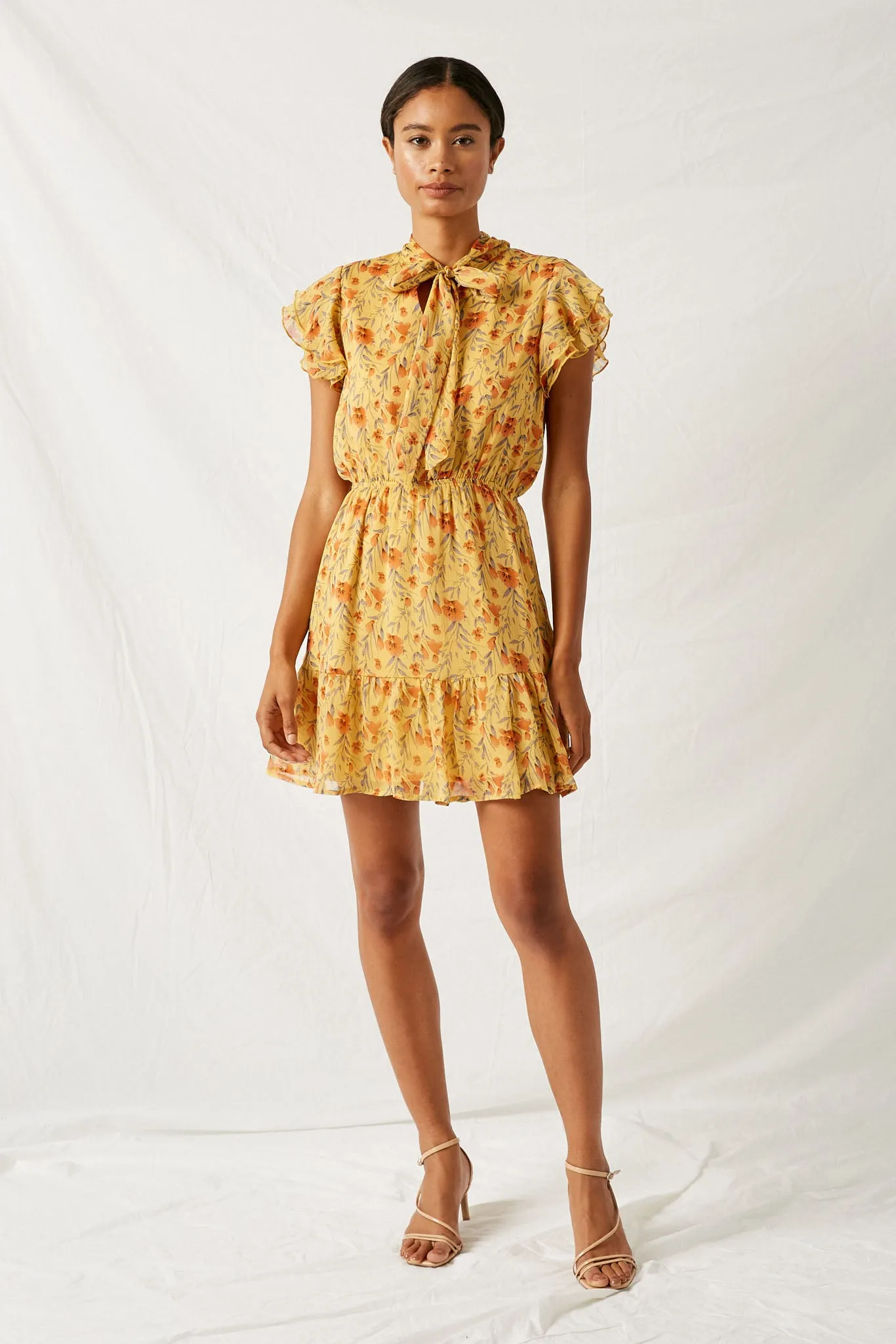 Floral Tie-Collar Ruffle Dress