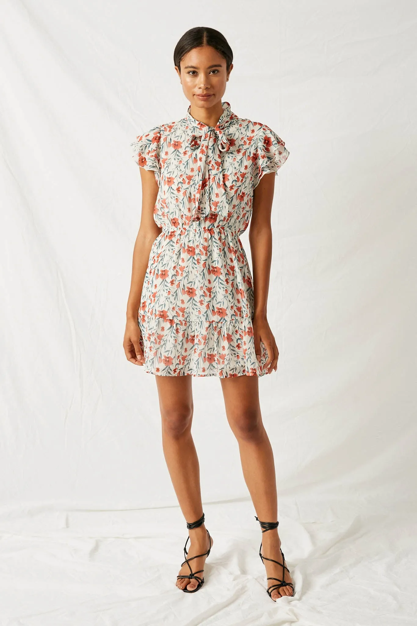 Floral Tie-Collar Ruffle Dress