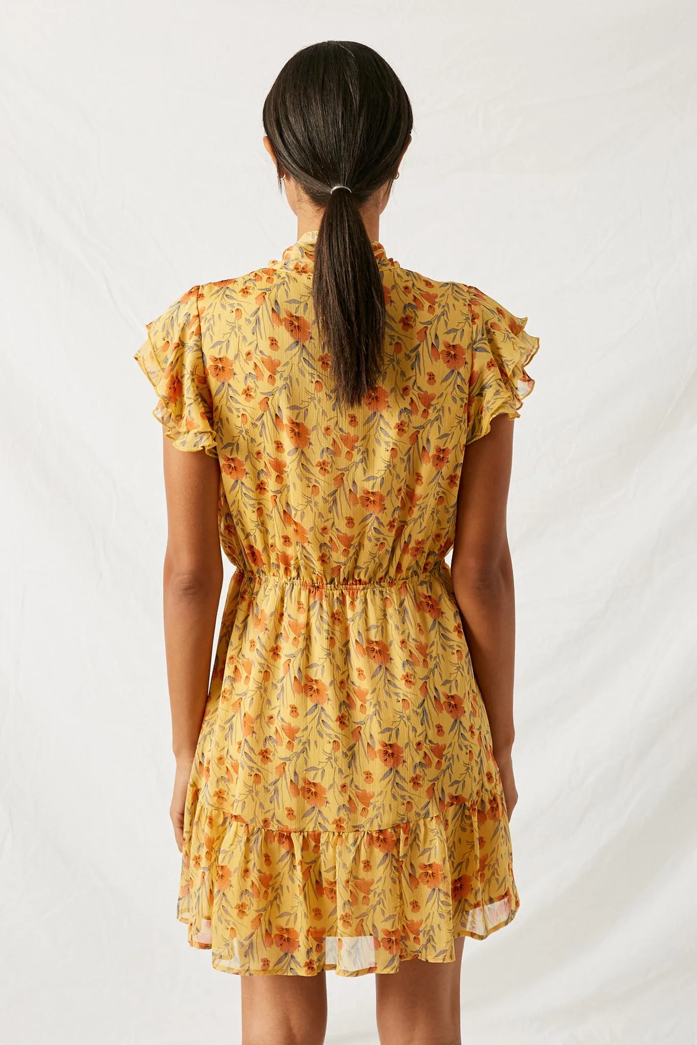 Floral Tie-Collar Ruffle Dress