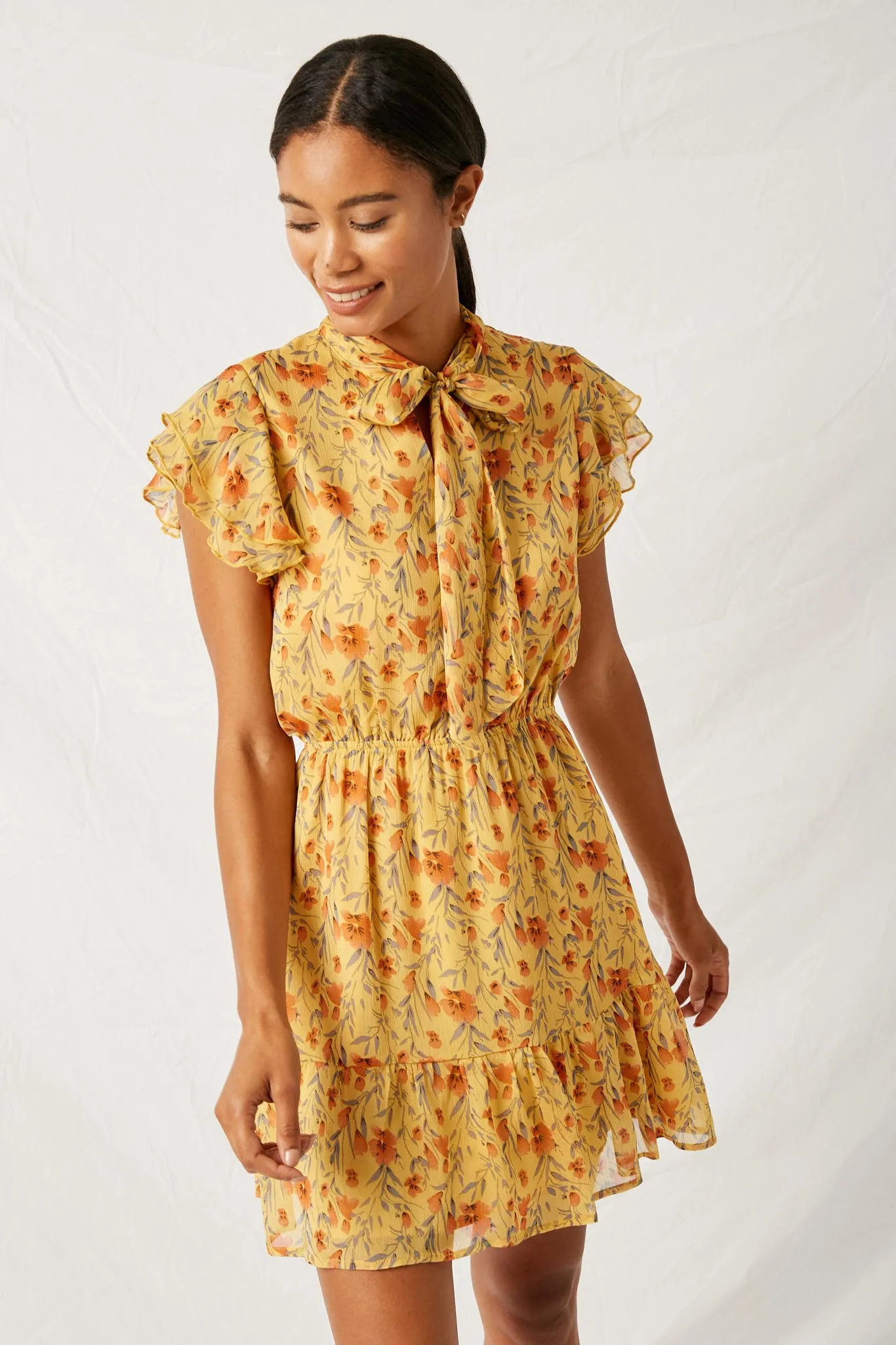 Floral Tie-Collar Ruffle Dress