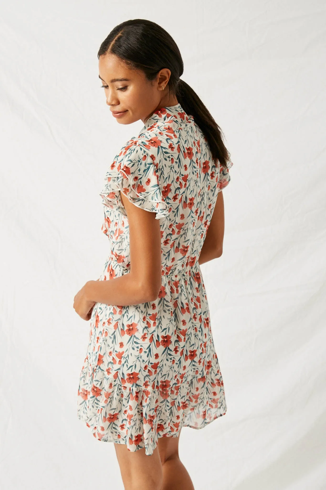 Floral Tie-Collar Ruffle Dress