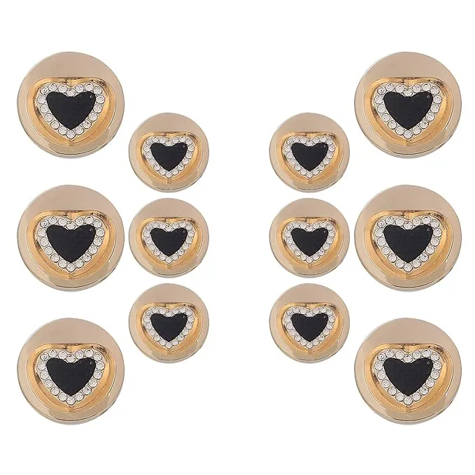 Gold Metal Buttons with Black Heart Centers(6 Big   6 Small)