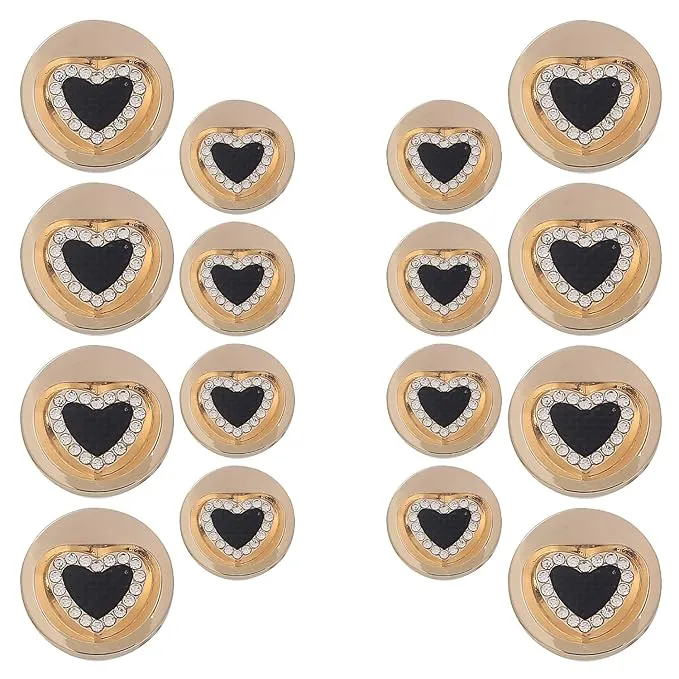 Gold Metal Buttons with Black Heart Centers(8 Big   8 Small)