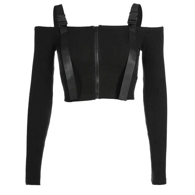 'Graveyard Shift' Black Grunge Buckle Long Sleeved Top