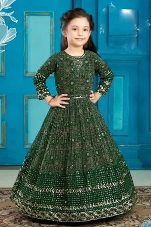 Green Mirror, Stone, Sequins and Thread work with Digital Print Long Party Gown for Girls