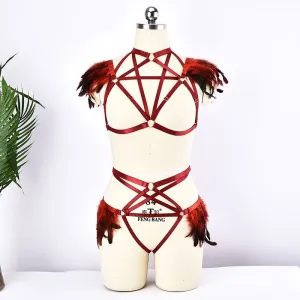 Handmade Crimson Feather Harness Set