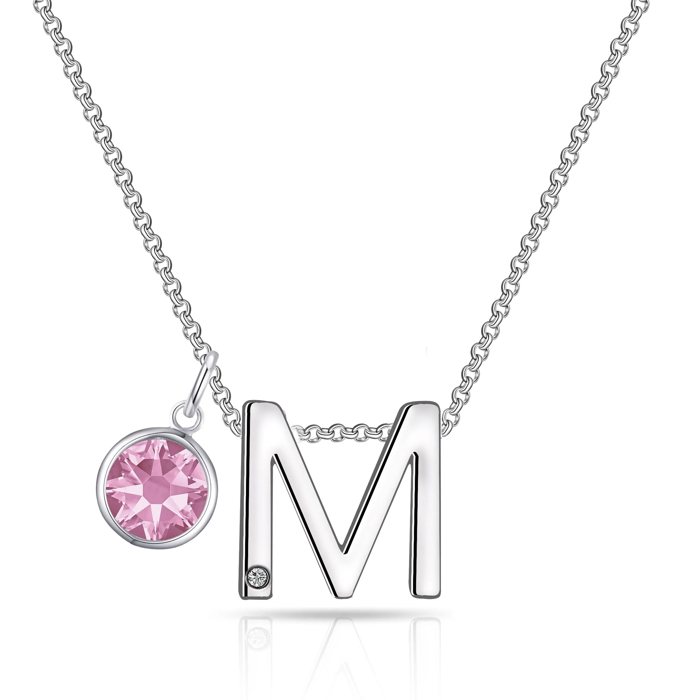 Initial M Necklace with Birthstone Charm Created with Zircondia® Crystals