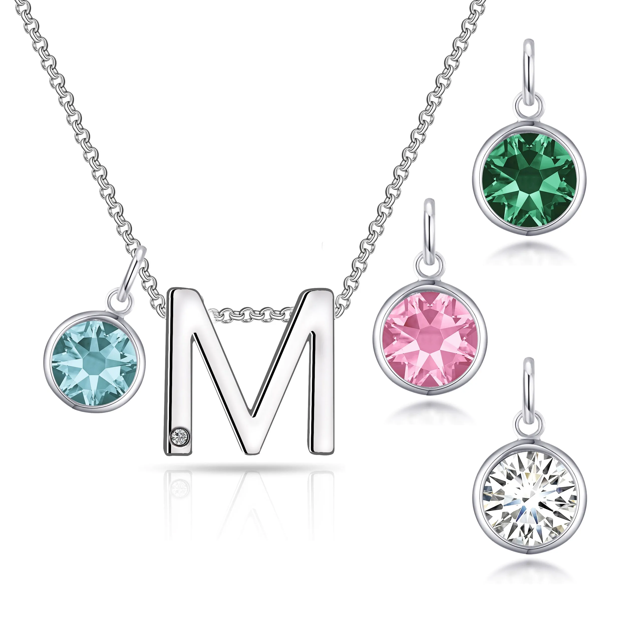 Initial M Necklace with Birthstone Charm Created with Zircondia® Crystals