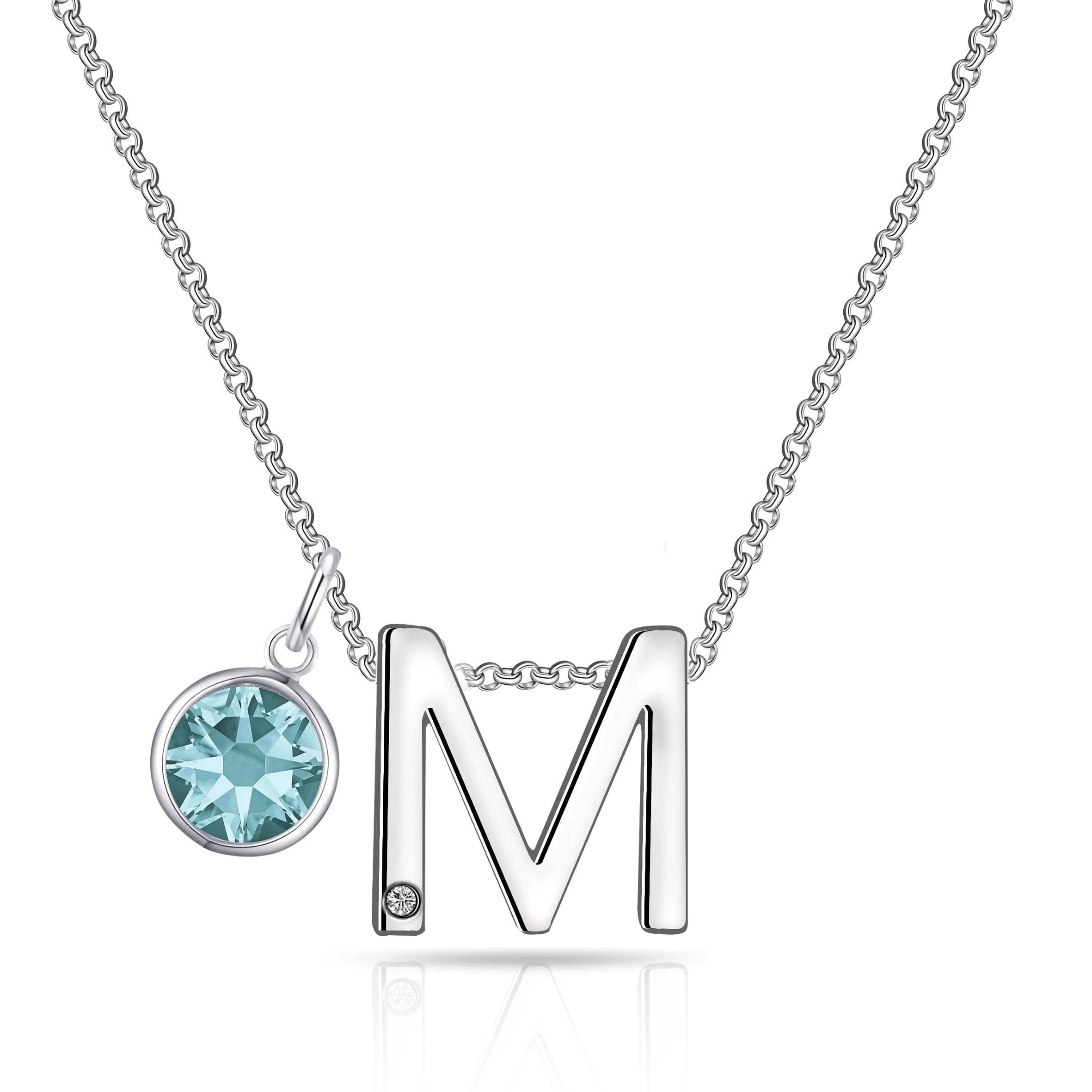 Initial M Necklace with Birthstone Charm Created with Zircondia® Crystals