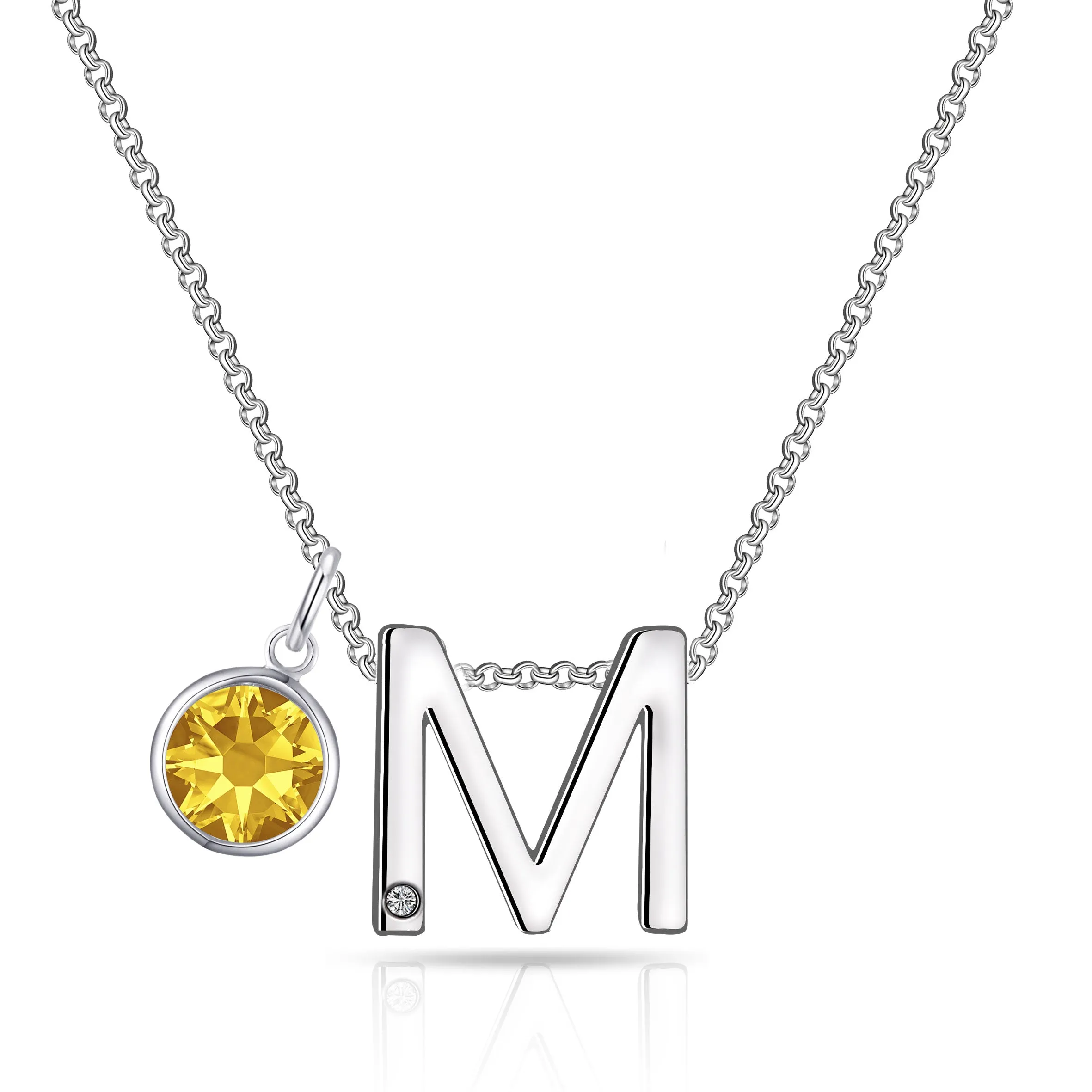 Initial M Necklace with Birthstone Charm Created with Zircondia® Crystals