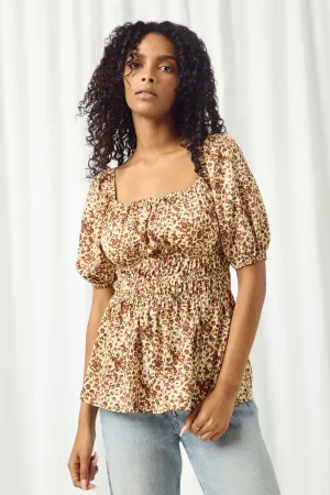 Leopard Print Spaced Smocked Square Neck Top