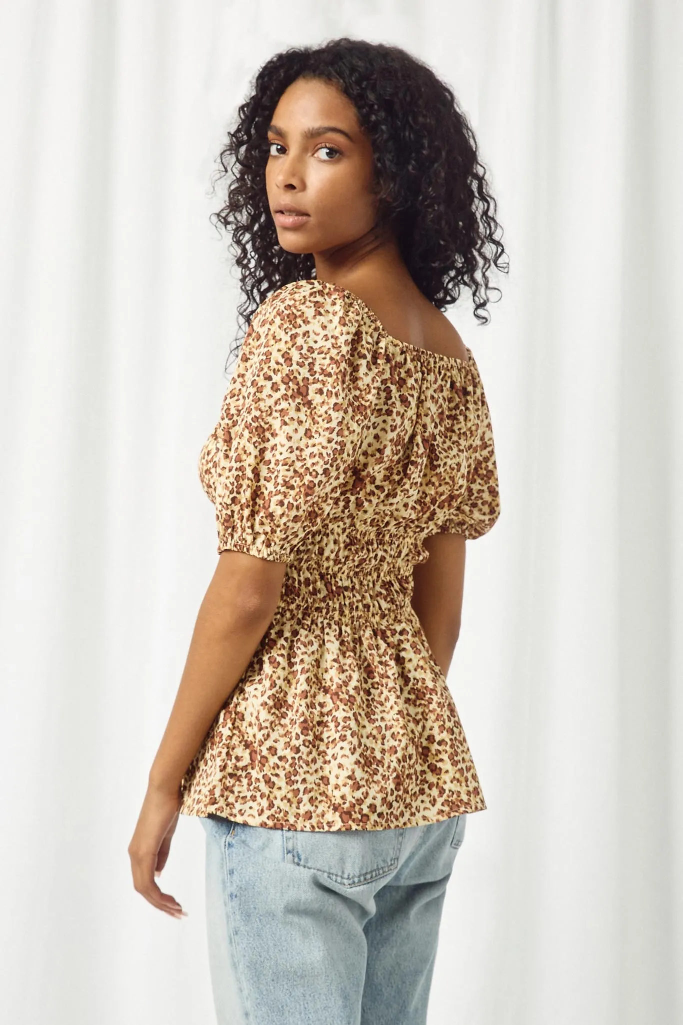 Leopard Print Spaced Smocked Square Neck Top