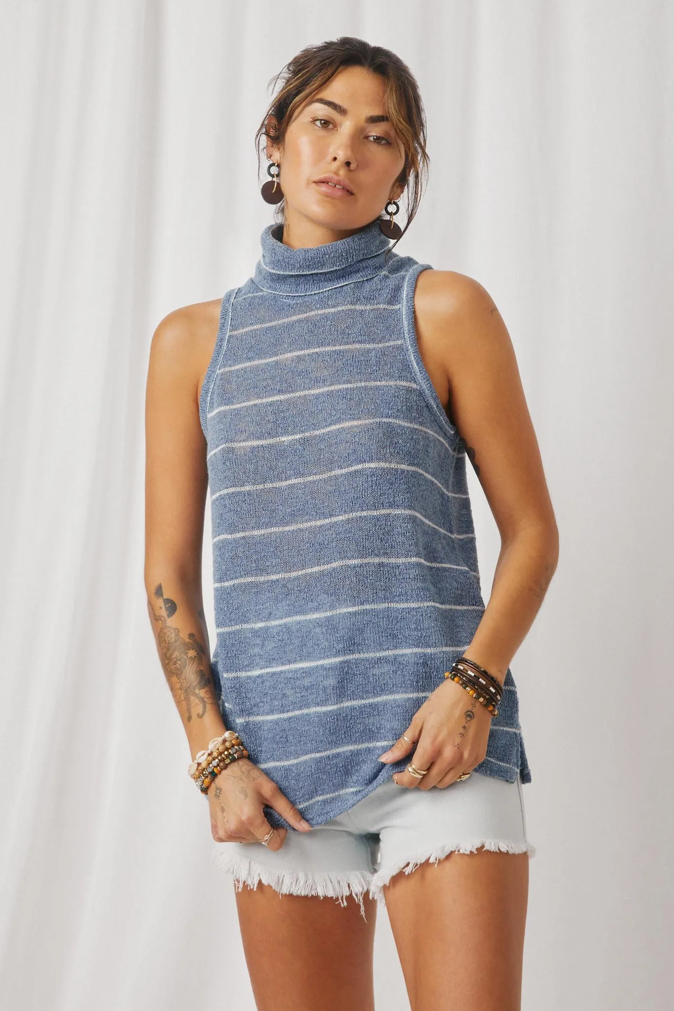 Loose Knit Striped Cowl Neck Tank