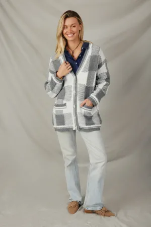 Mixed Knit Statement Button Quilted Sweater Cardigan