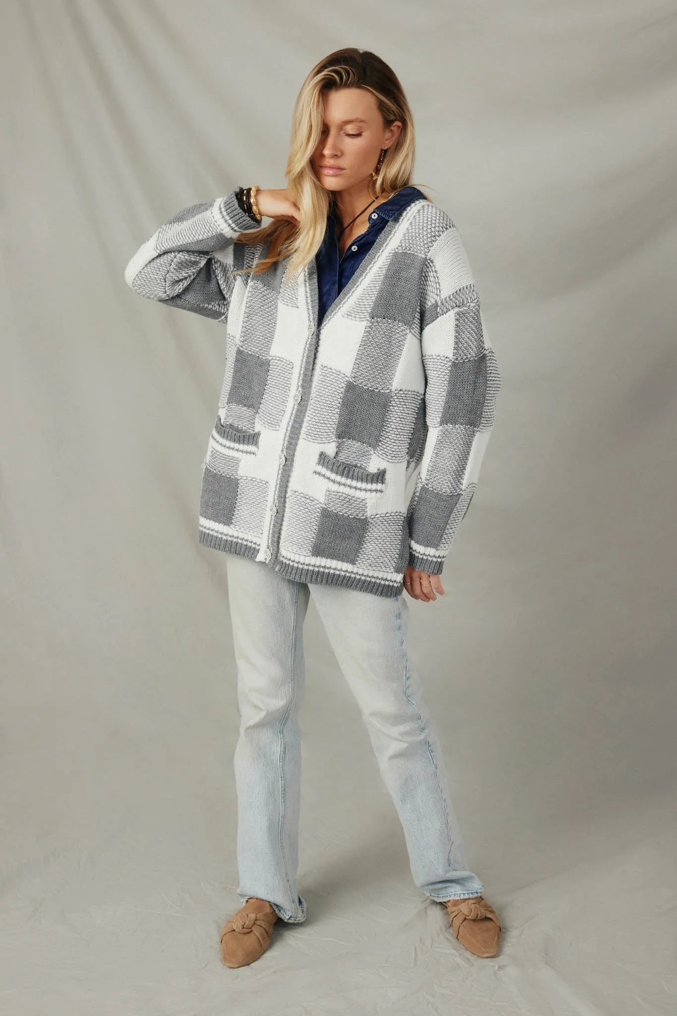 Mixed Knit Statement Button Quilted Sweater Cardigan