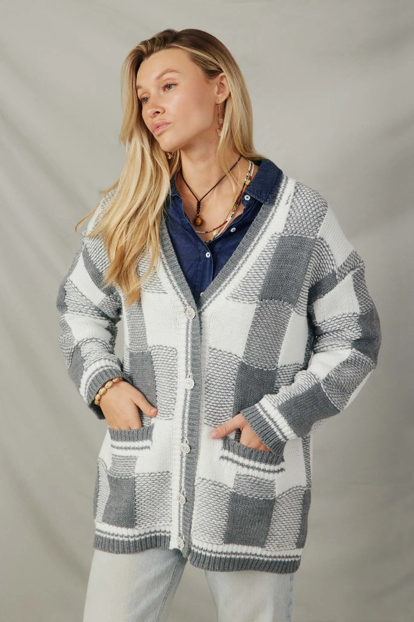 Mixed Knit Statement Button Quilted Sweater Cardigan