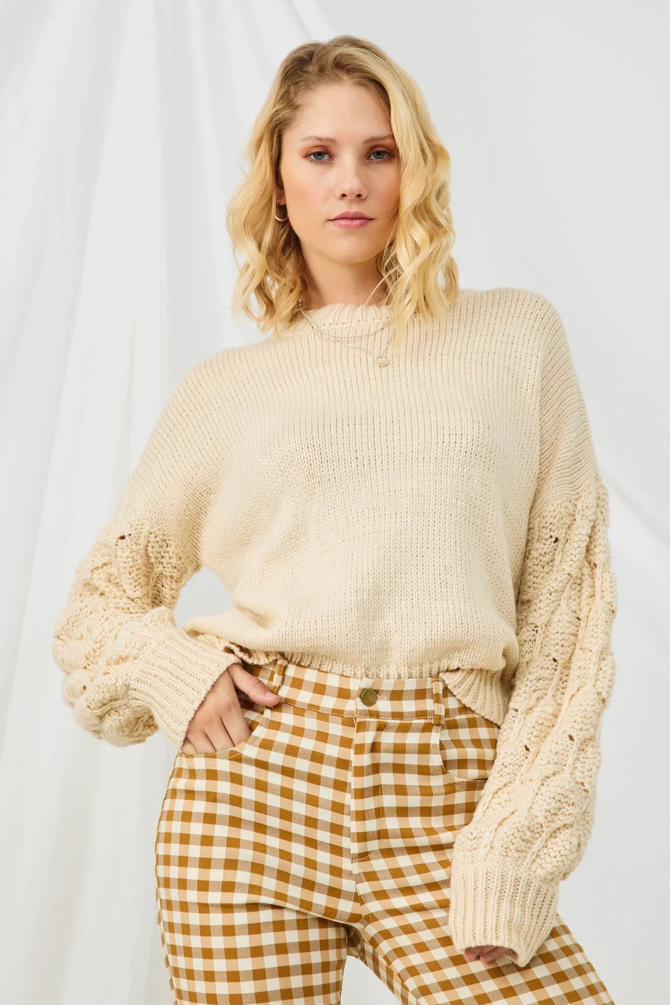 Puffy Textured Sleeve Pullover Sweater