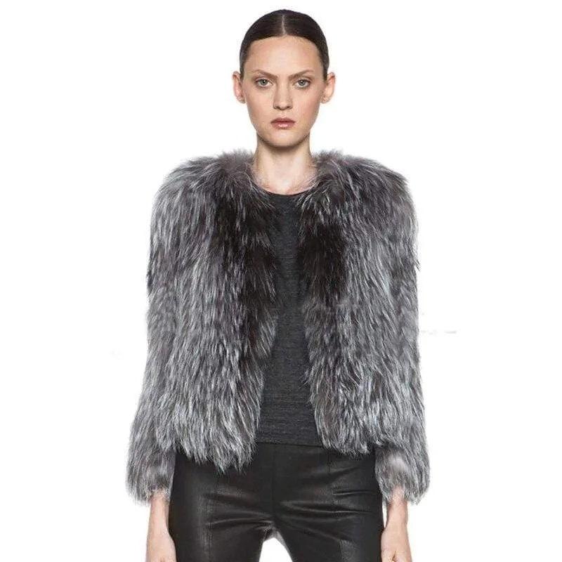 Real Natural Fox Fur Knitted Silver Fox Fur Coat