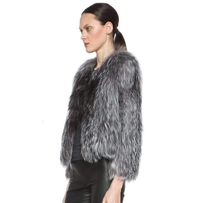 Real Natural Fox Fur Knitted Silver Fox Fur Coat