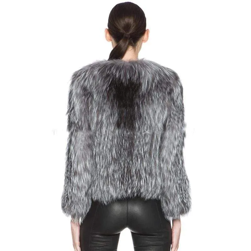 Real Natural Fox Fur Knitted Silver Fox Fur Coat