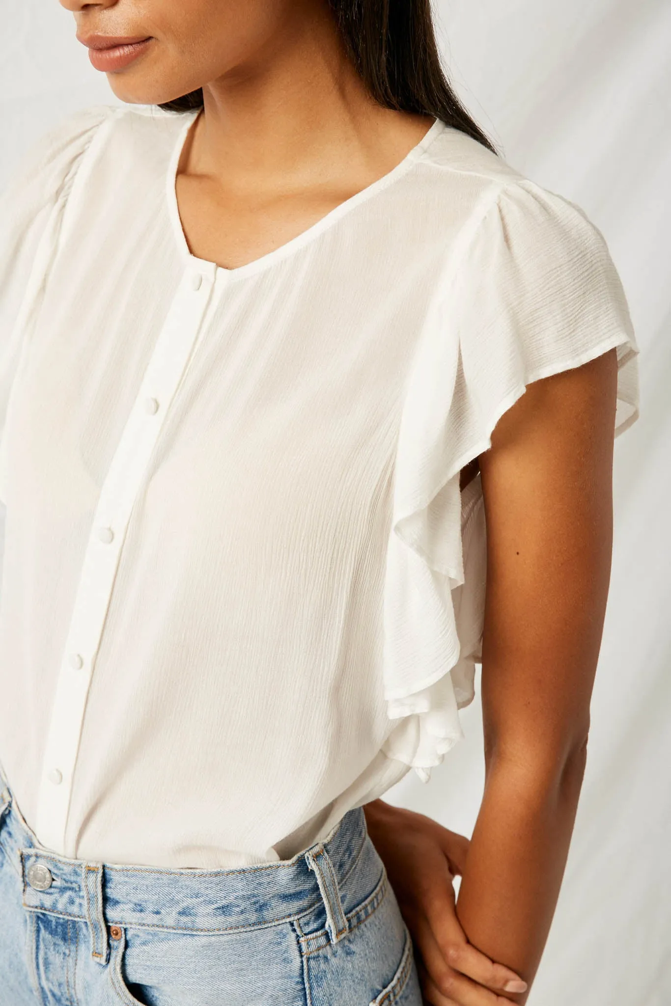 Ruffle Button-Down Flutter Sleeve Top