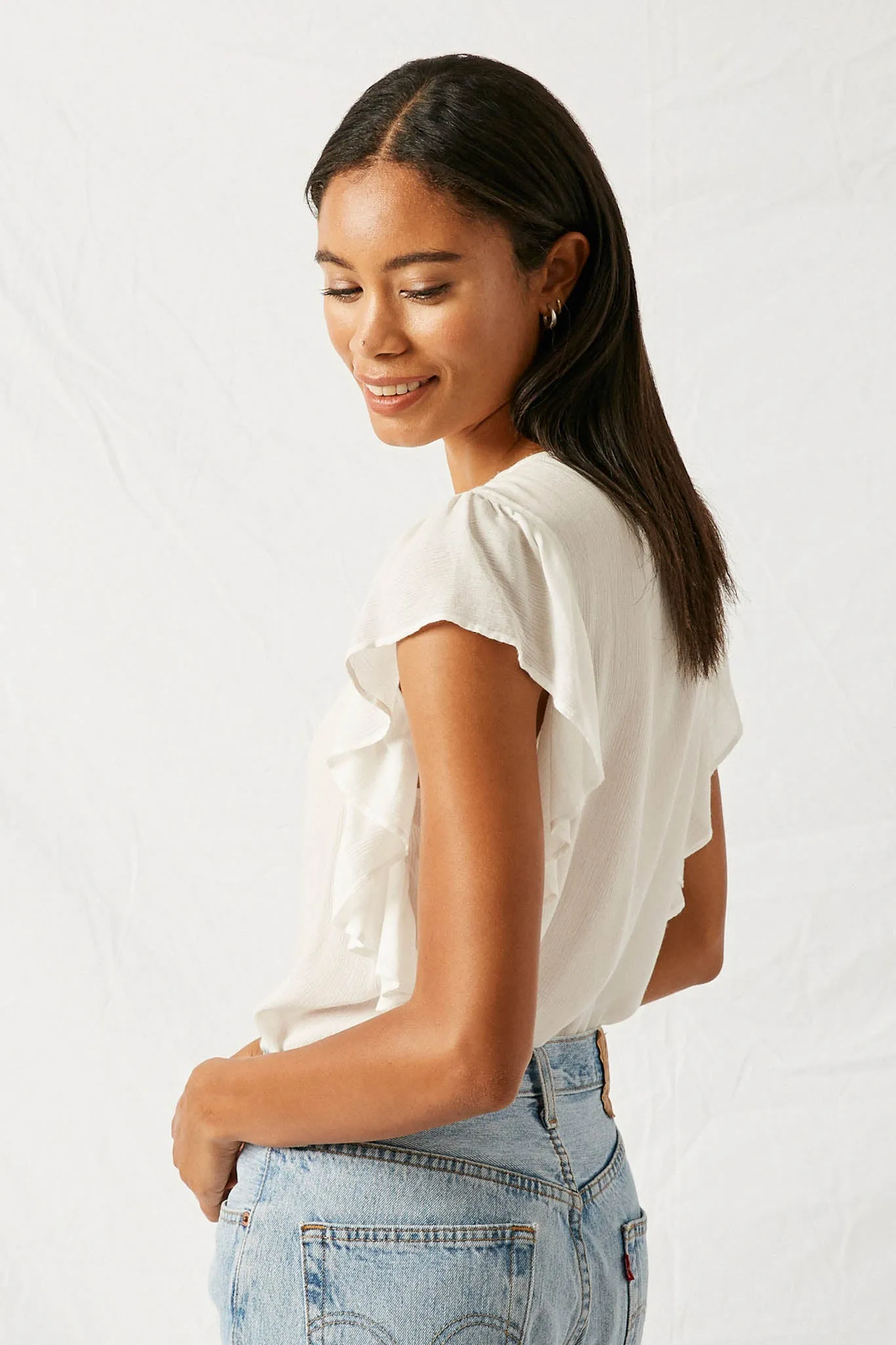 Ruffle Button-Down Flutter Sleeve Top