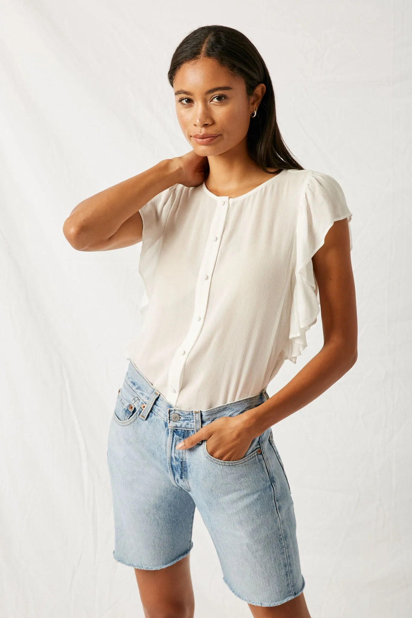 Ruffle Button-Down Flutter Sleeve Top