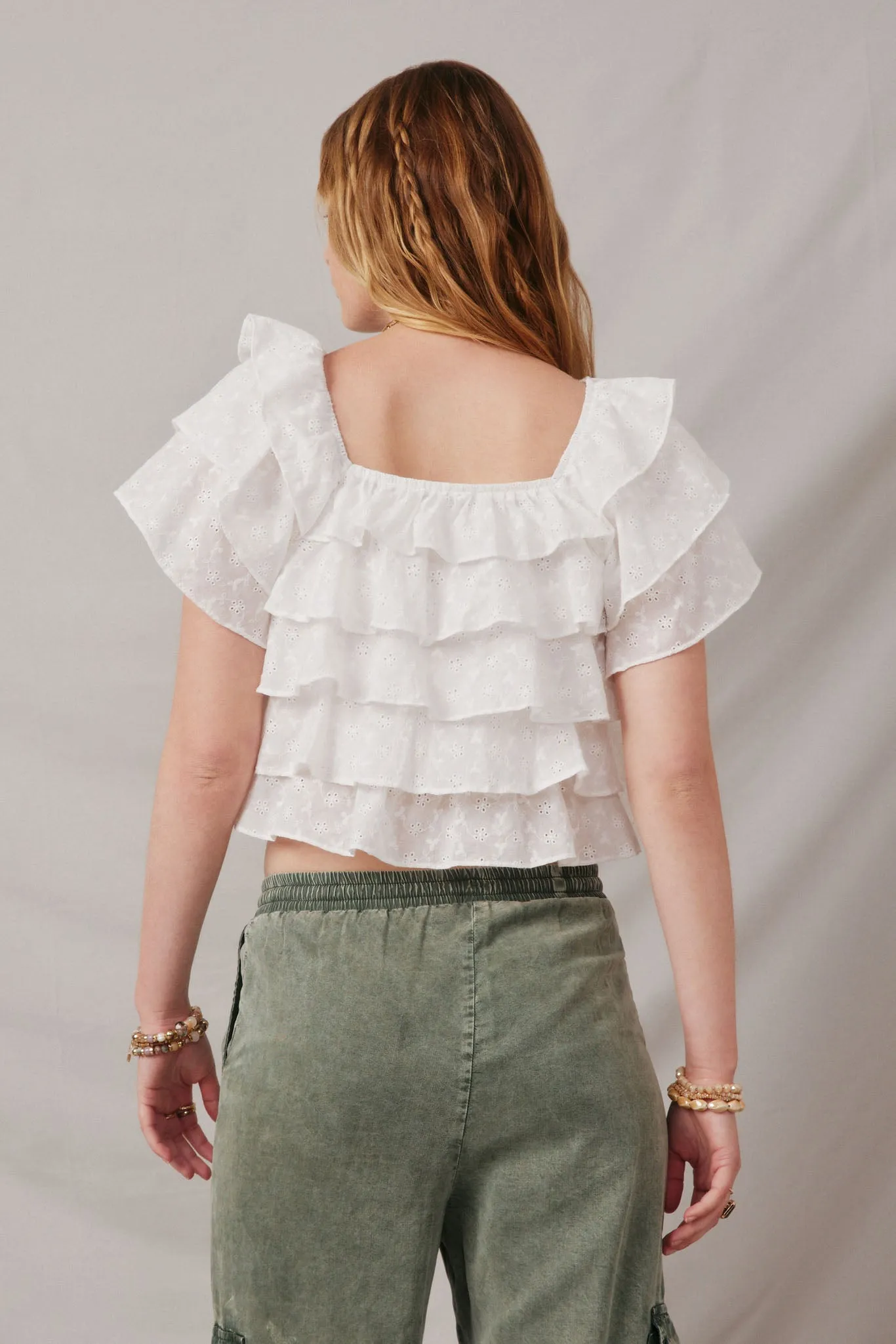 Ruffle Tiered Floral Eyelet Square Neck Top