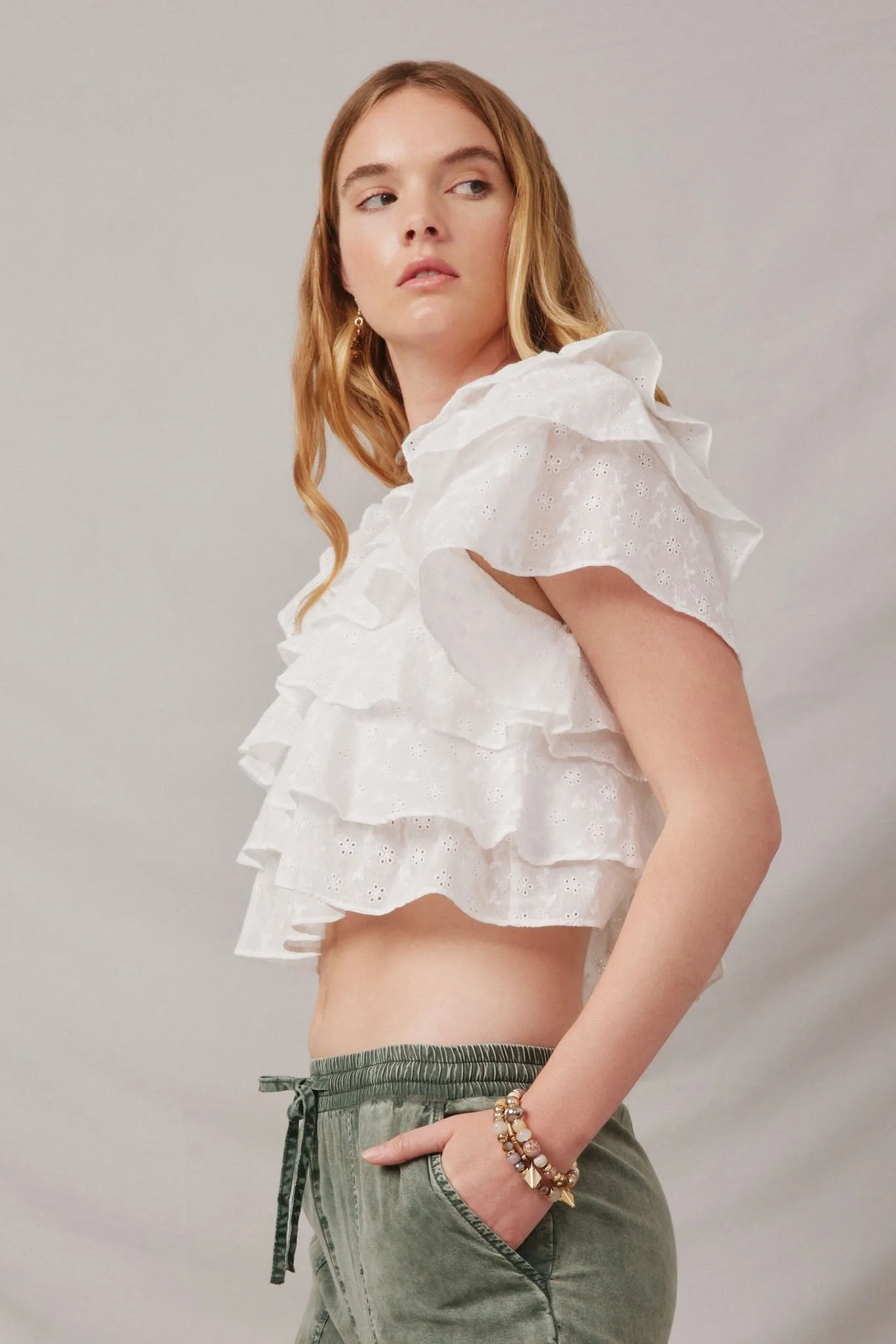 Ruffle Tiered Floral Eyelet Square Neck Top