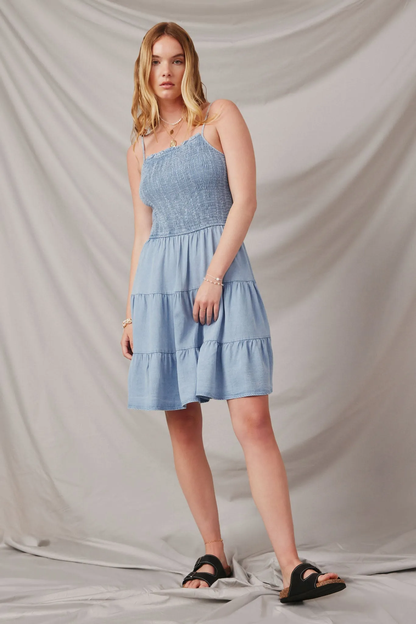 Smocked Tiered Skirt Denim Tencel Mini Dress