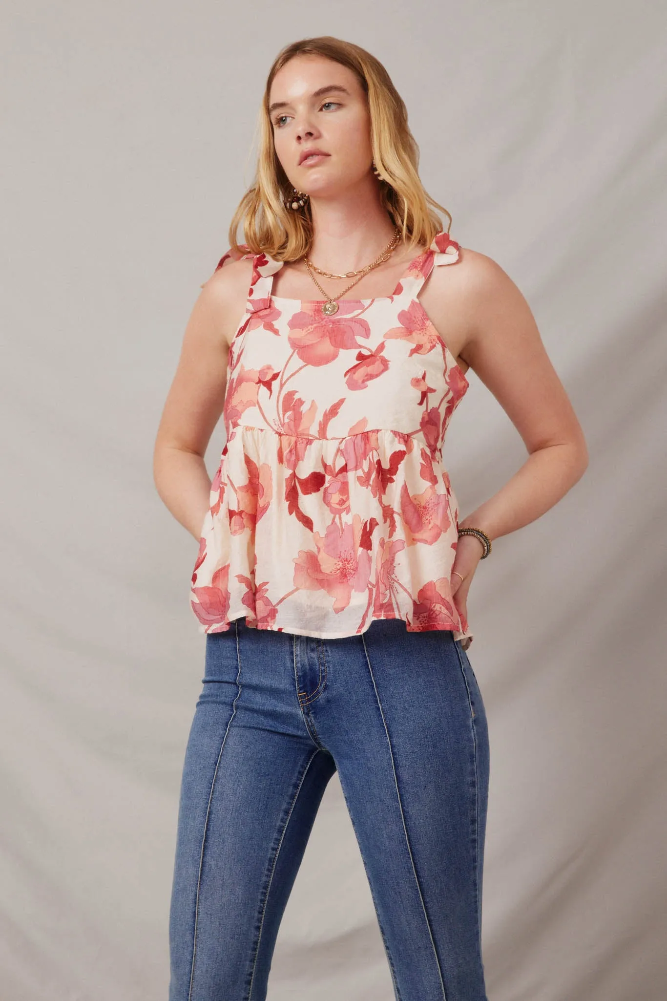 Textured Floral Tie Shoulder Hankerchief Top