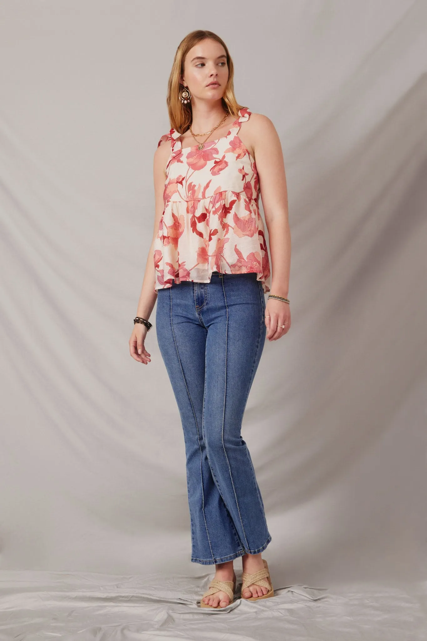 Textured Floral Tie Shoulder Hankerchief Top