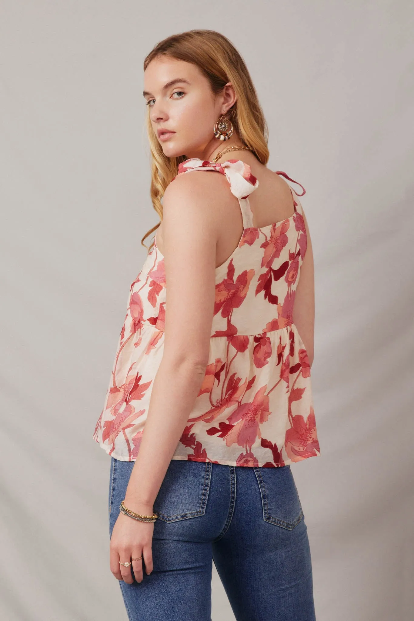 Textured Floral Tie Shoulder Hankerchief Top