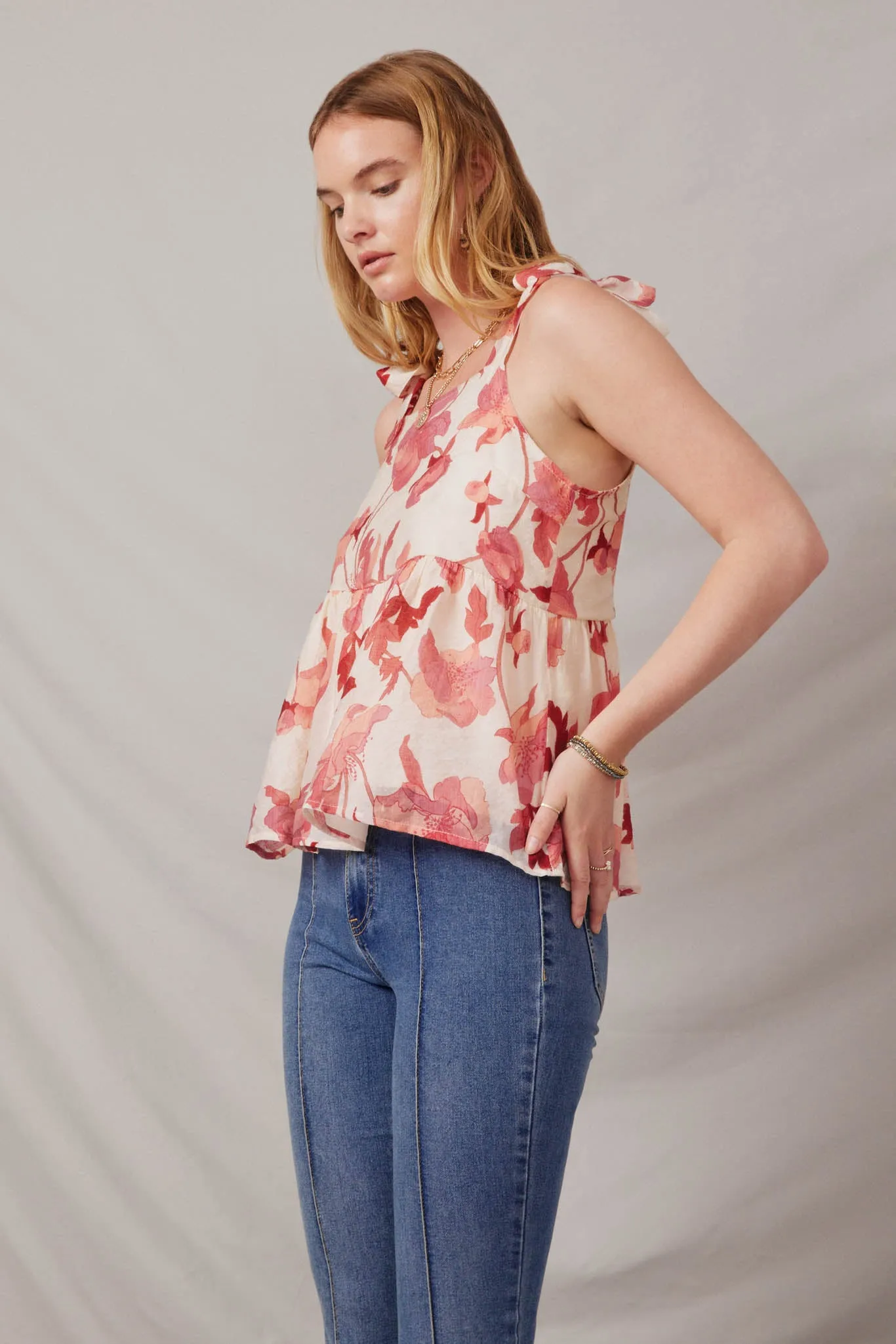 Textured Floral Tie Shoulder Hankerchief Top