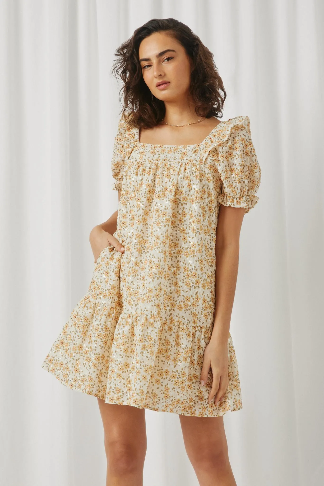 Textured Lurex Antique Floral Ruffled Mini Dress