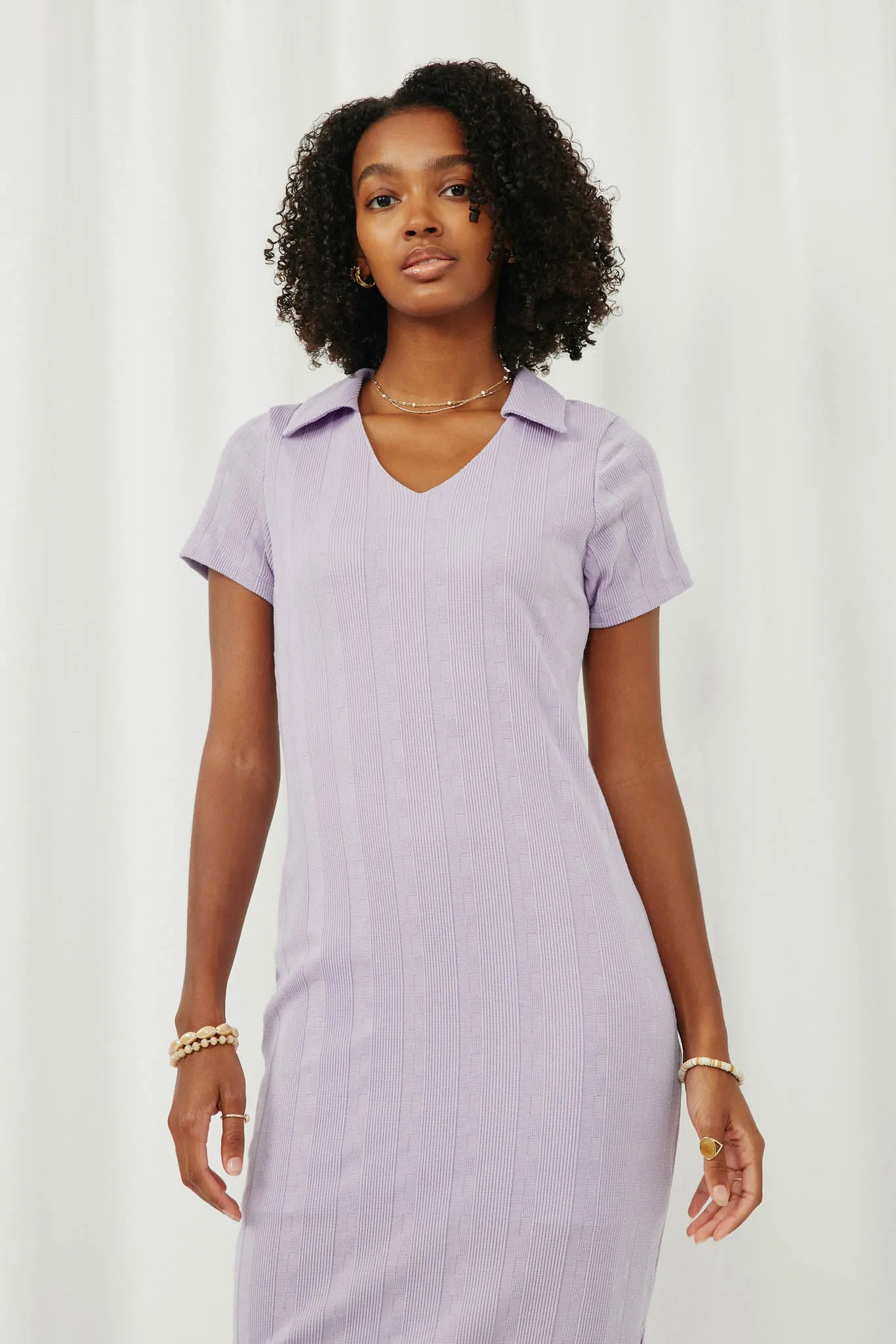 Textured Ribbed Knit Open Collar Dress