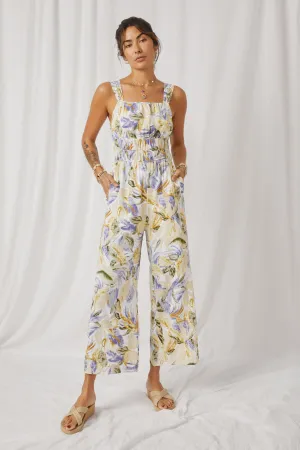 Tropical Print Smock Waist Wide Strap Jumpsuit