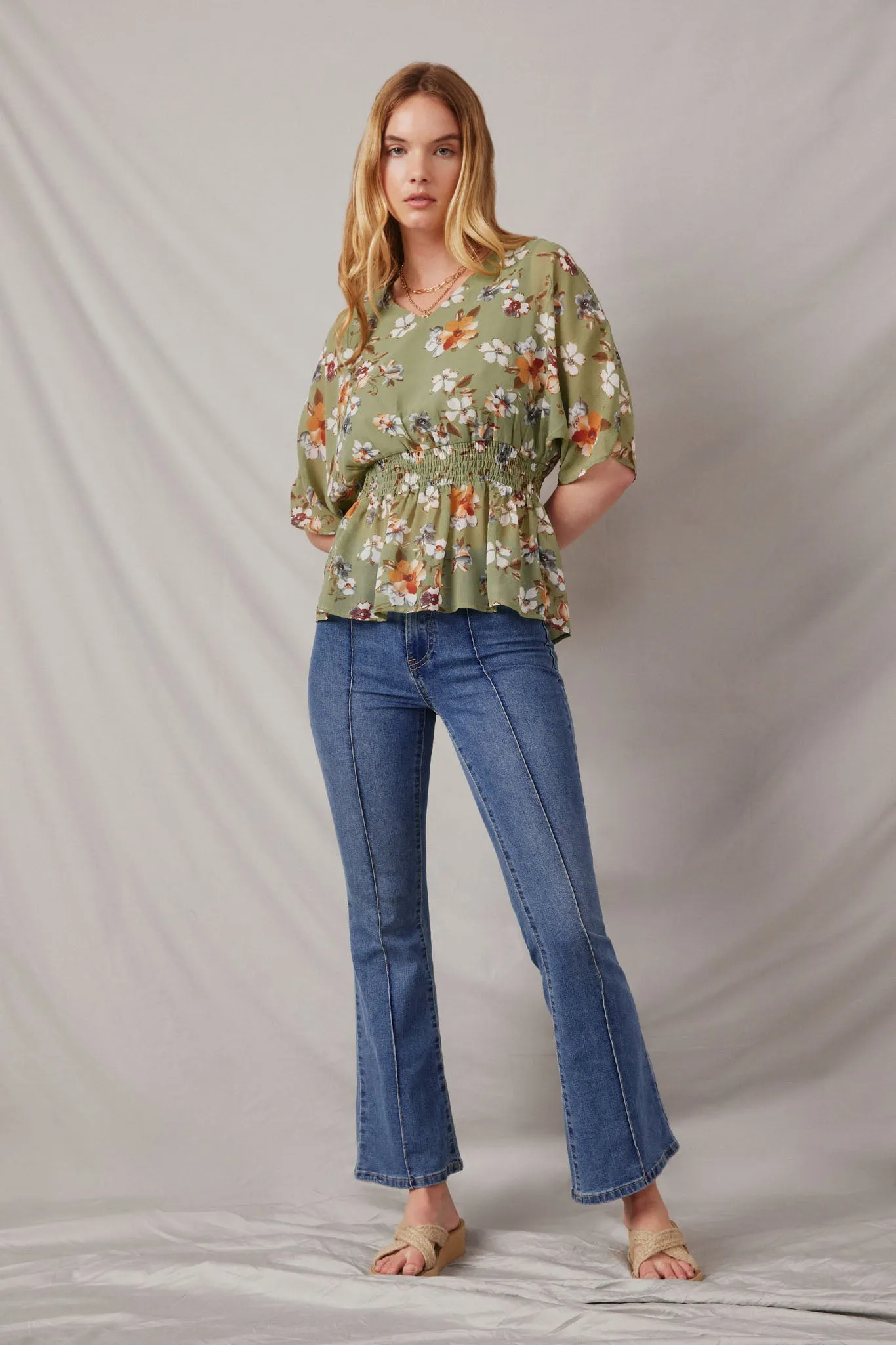 Women Floral Smocked Waist V Neck Dolman